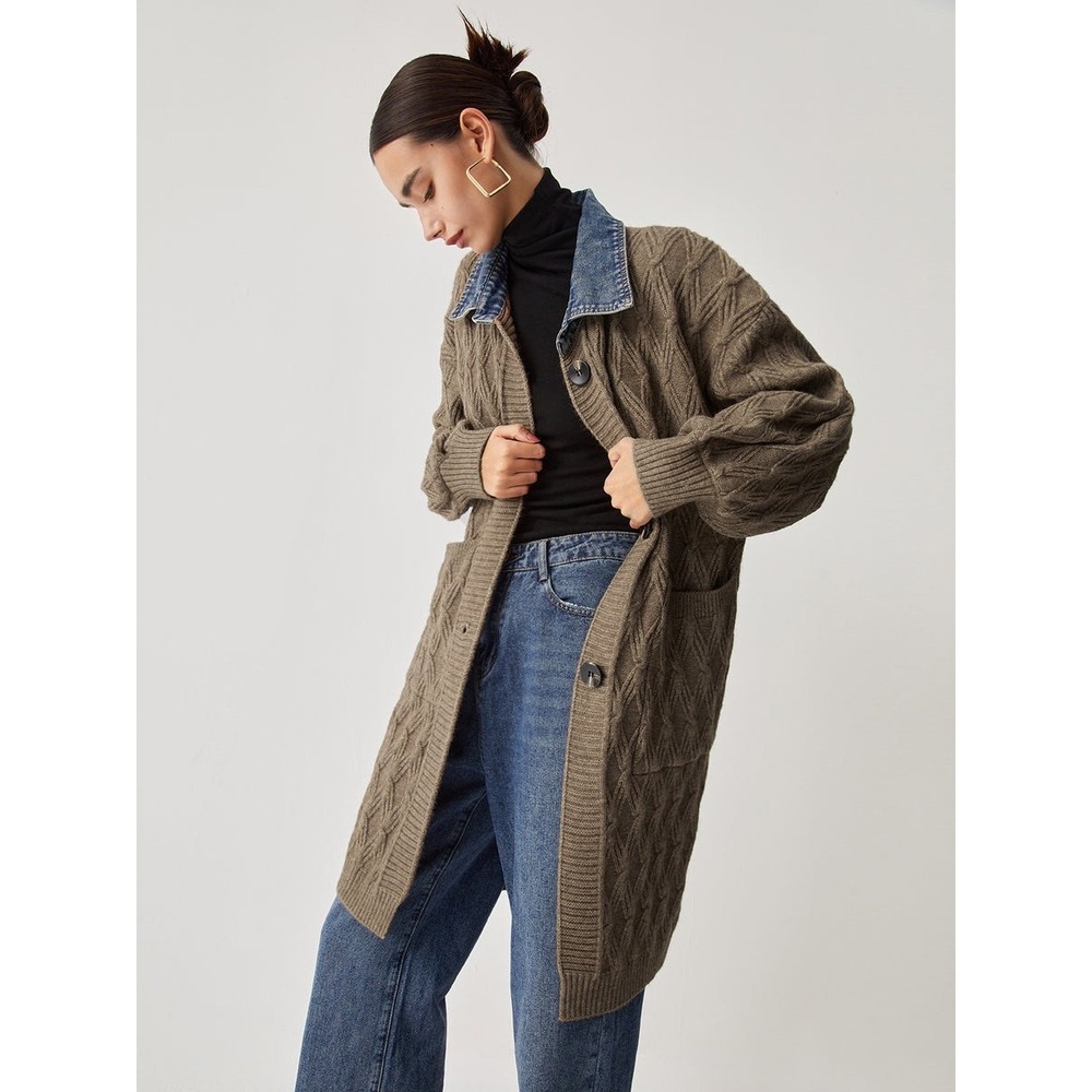 Commense Diamond Stitch Knitting Longline Cardigan Khaki size L